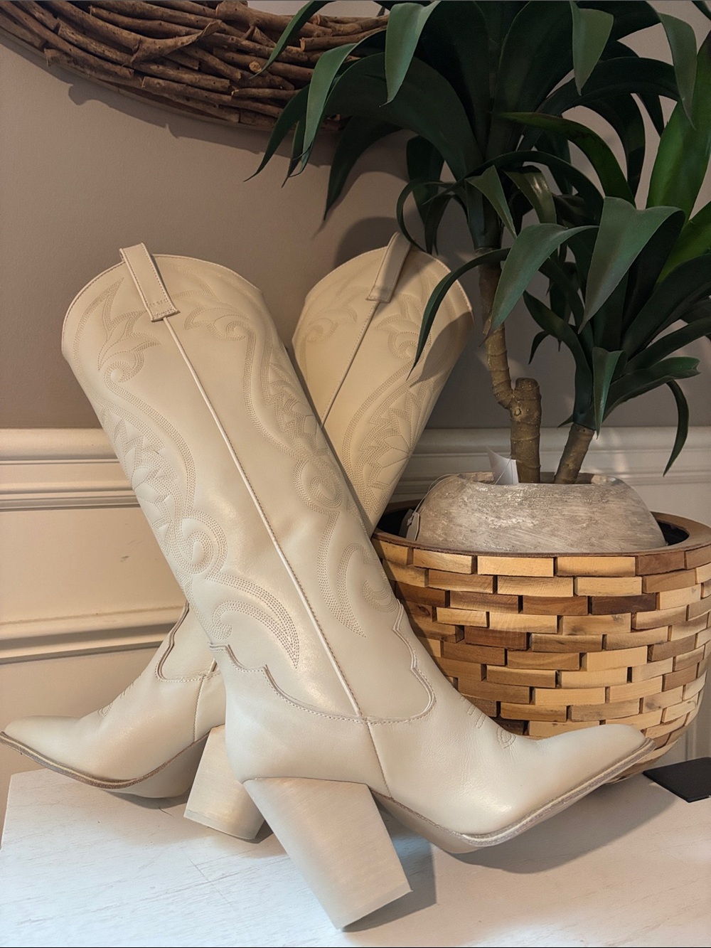 Steve Madden Cream Knee-High Western Boots with Block Heel - Picture 10 of 16